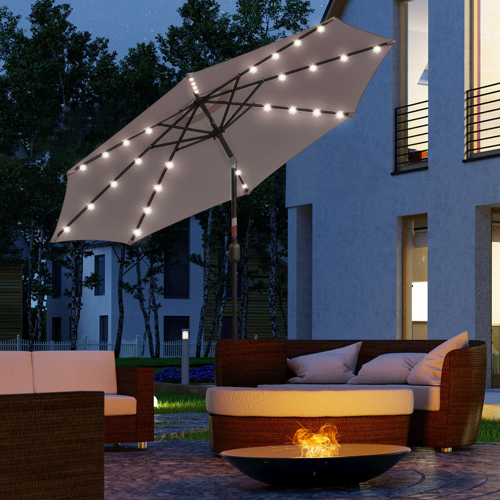 Outsunny Tilting Garden Umbrella Ø265 cm with 32 Solar LED Lights and Crank Handle, Grey