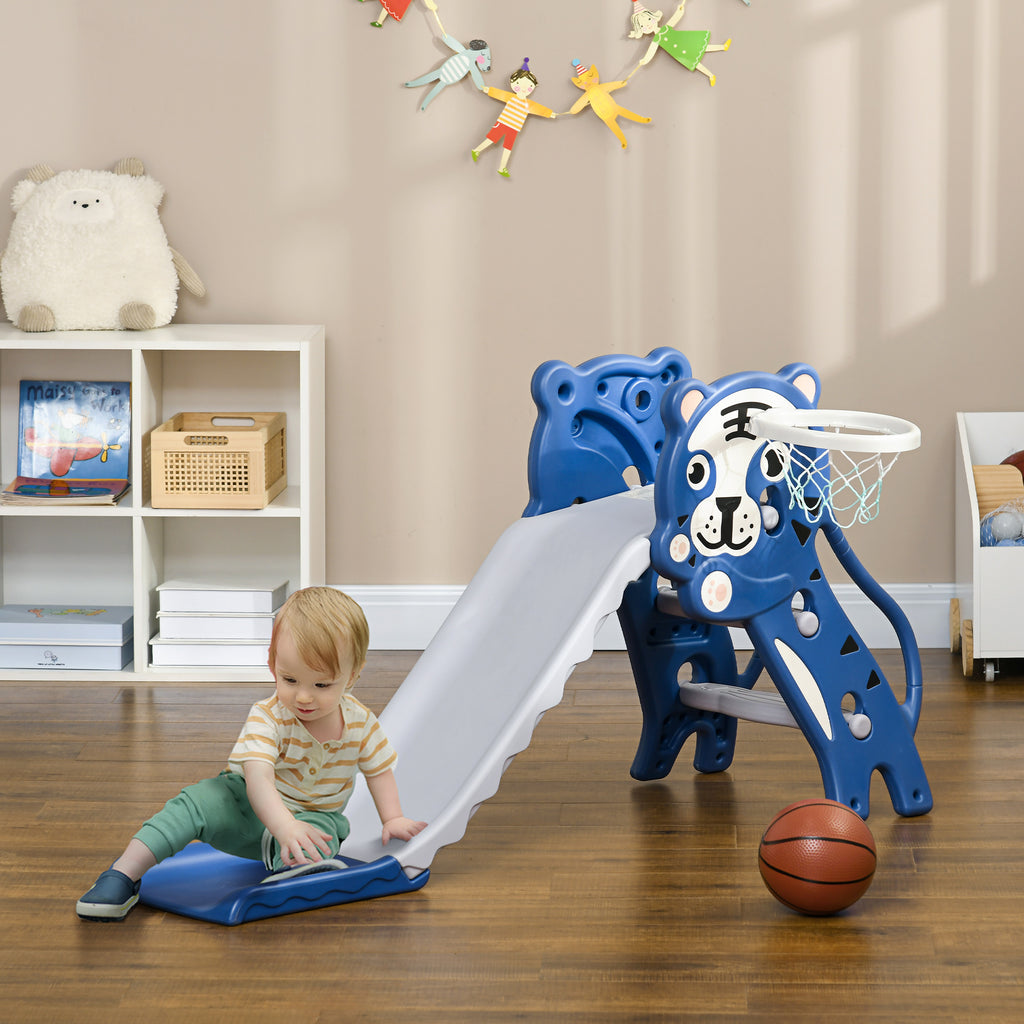 Children's Slide 18-36 Months with Lateral PE Basketball Hoop, 133x60x70 cm, Blue and Grey