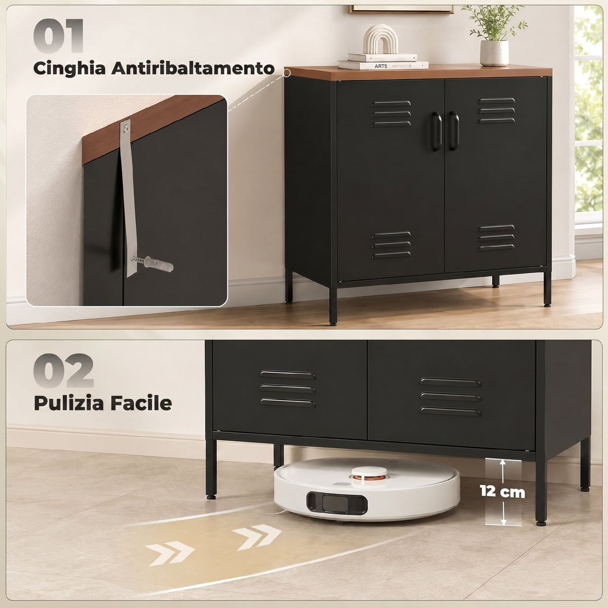 HOMCOM Industrial Style 2-Door Metal Sideboard with Adjustable Shelf, 80x40x80 cm, Black