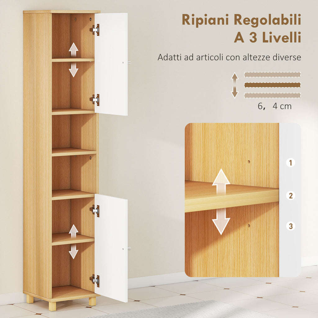 Bathroom Cabinet with 2 Cabinets and Open Shelves, Adjustable Internal Shelves, 30x30x166 cm, White and Wood