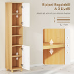 Bathroom Cabinet with 2 Cabinets and Open Shelves, Adjustable Internal Shelves, 30x30x166 cm, White and Wood