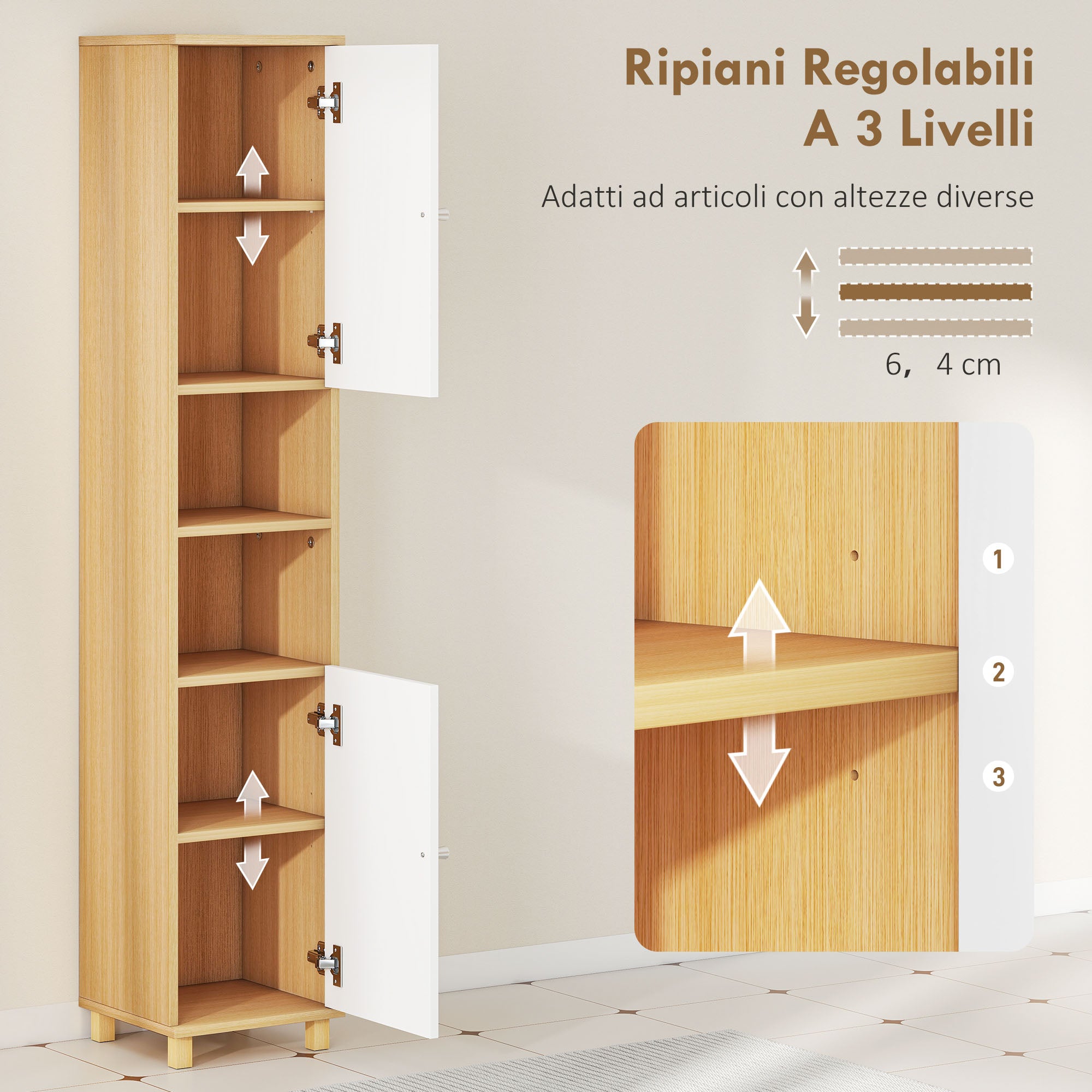 Bathroom Cabinet with 2 Cabinets and Open Shelves, Adjustable Internal Shelves, 30x30x166 cm, White and Wood