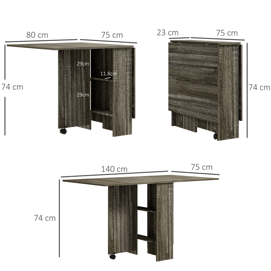 Drop-Leaf Table with 2 Lower Shelves for 6 People Max, Wooden 140x75x74 cm, Grey
