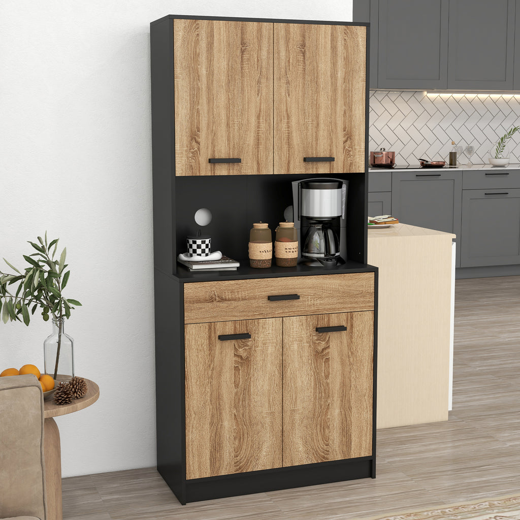 Wooden Kitchen Sideboard with 2 Door Cabinets and Drawer, 80x40x180 cm, Black and Wood Color