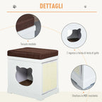 Wooden Cat House with 2 Pillows and Removable Scratching Post, White and Brown, 41x30x36cm - Borge' Group Limited