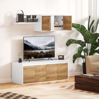 TV Cabinet and Wall Cabinet Set with 7 Shelves and Open Shelf, Wooden, 120x41x43.3 cm, White and Wood color