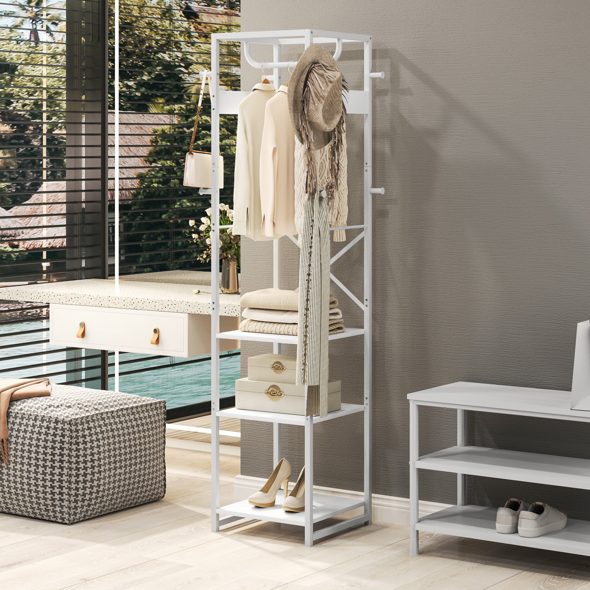 Floor Coat Hanger with Rod and 2 Open Shelves, in Wood and Steel, 38.5x30x170 cm, White and Wood Color