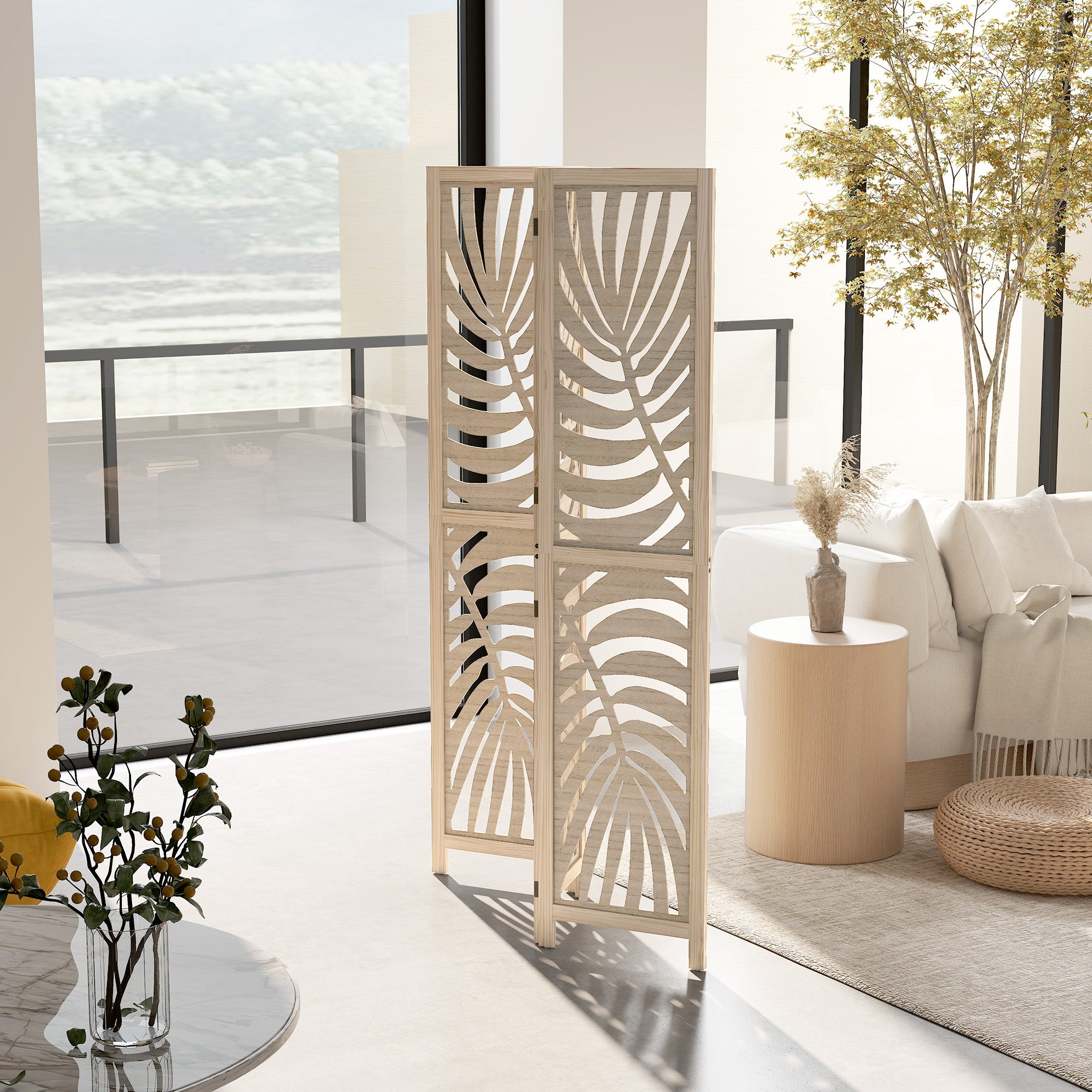 3-Panel Folding and Separable Wooden Room Divider, Leaf Design, 120x170 cm, Wood Color