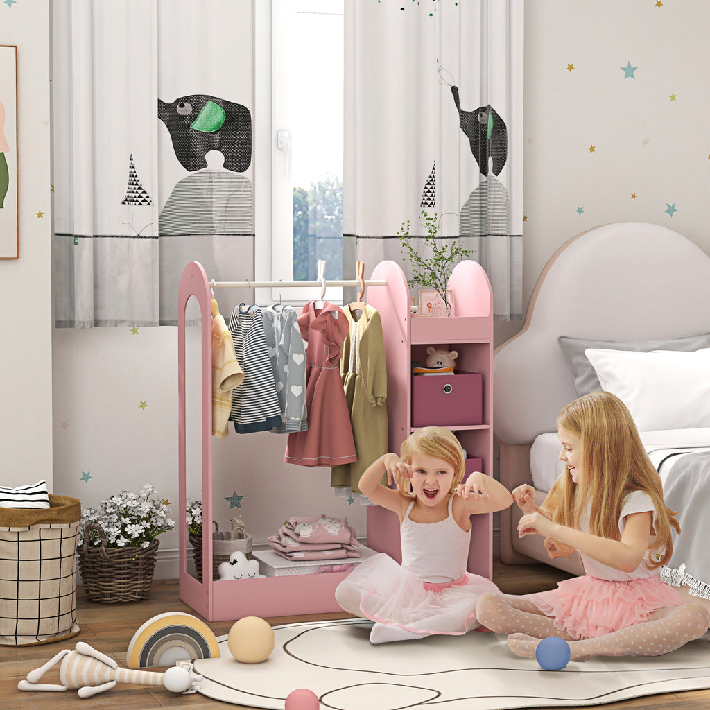 Children's Coat Rack Open Wardrobe with Shelves, Boxes, and Wooden Mirror, Pink