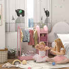 Children's Coat Rack Open Wardrobe with Shelves, Boxes, and Wooden Mirror, Pink