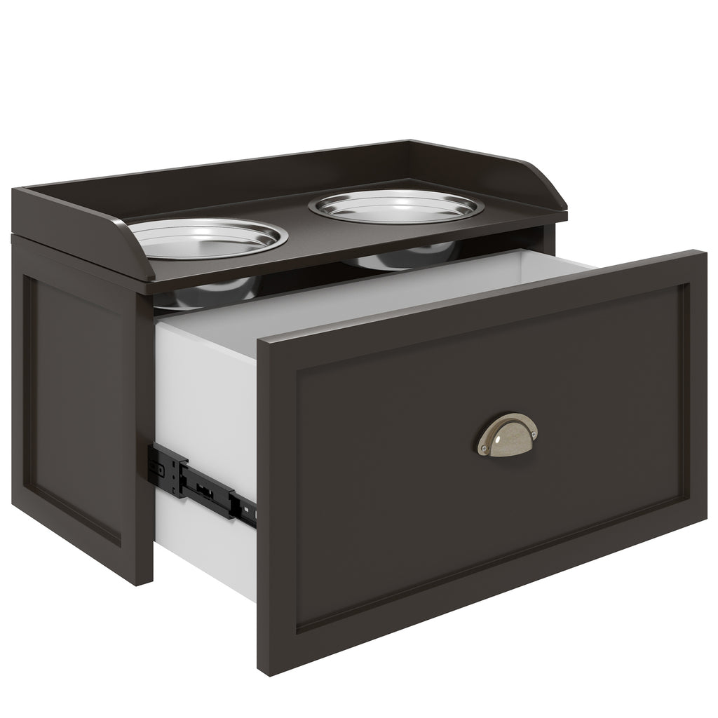 Stainless Steel and Wood Raised Dog Bowls with Drawer, 60x30x36cm, Brown