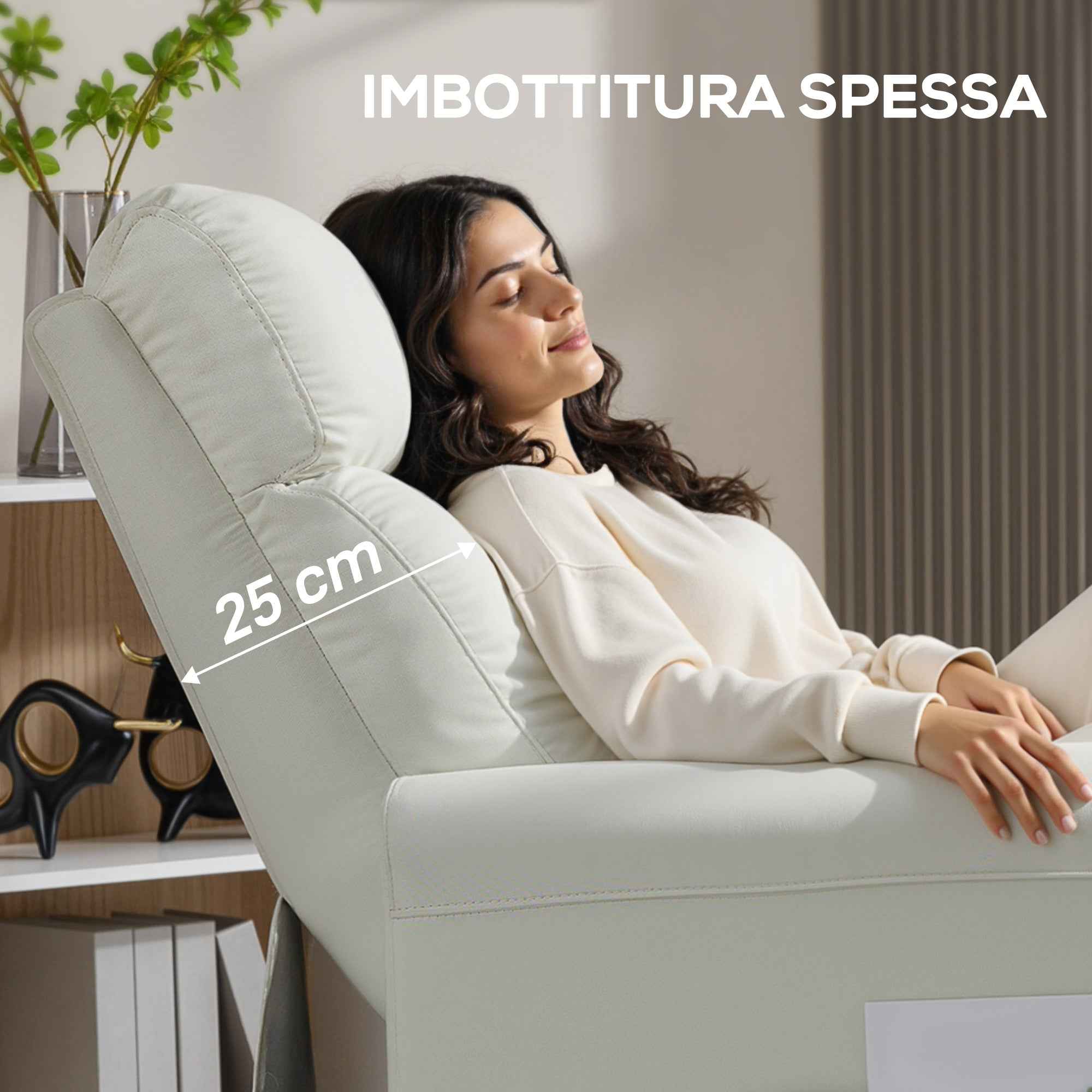 HOMCOM Reclining Chair 135° max in Linen Effect Fabric, Foam, Steel and Wood, 73x86x100 cm, Cream White