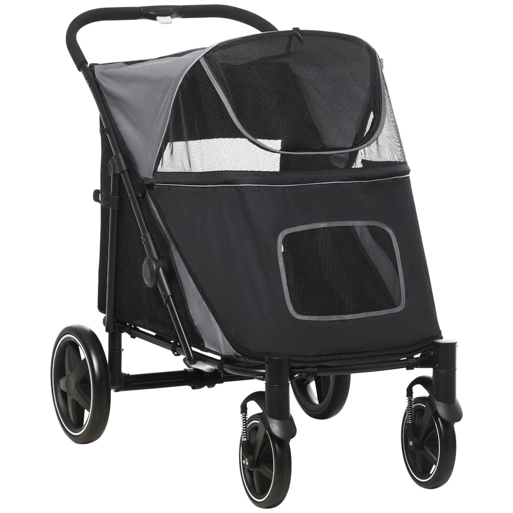 Foldable Dog Stroller with Zipper Entrances and Mesh Windows, 112x65x100 cm, Dark Gray and Black