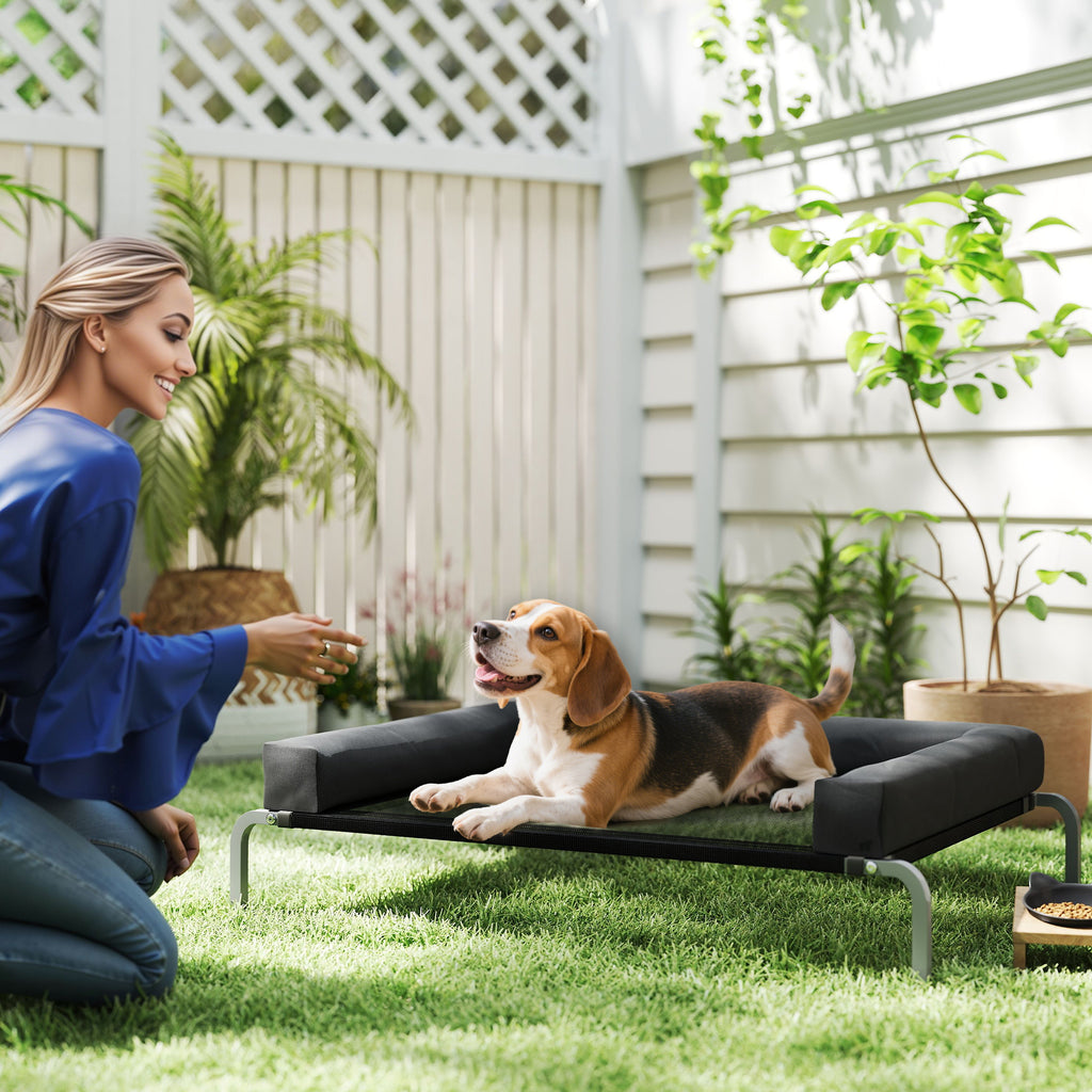 19.5cm Raised Dog Bed with U-Shaped Cushion, Polyester and Steel, 110x75x30cm, Black and Silver