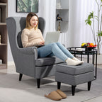 Fabric Living Room Armchair with Footstool, High Backrest and Cushion, 75x83x104 cm, Grey