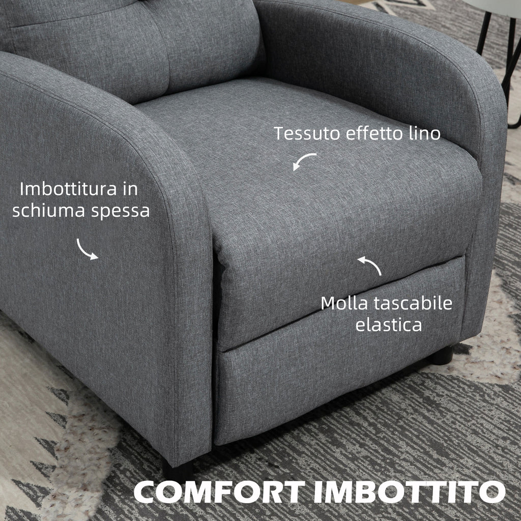155° Max Reclining Chair in Grey Linen Effect Fabric with Footrest, 67x87x98 cm