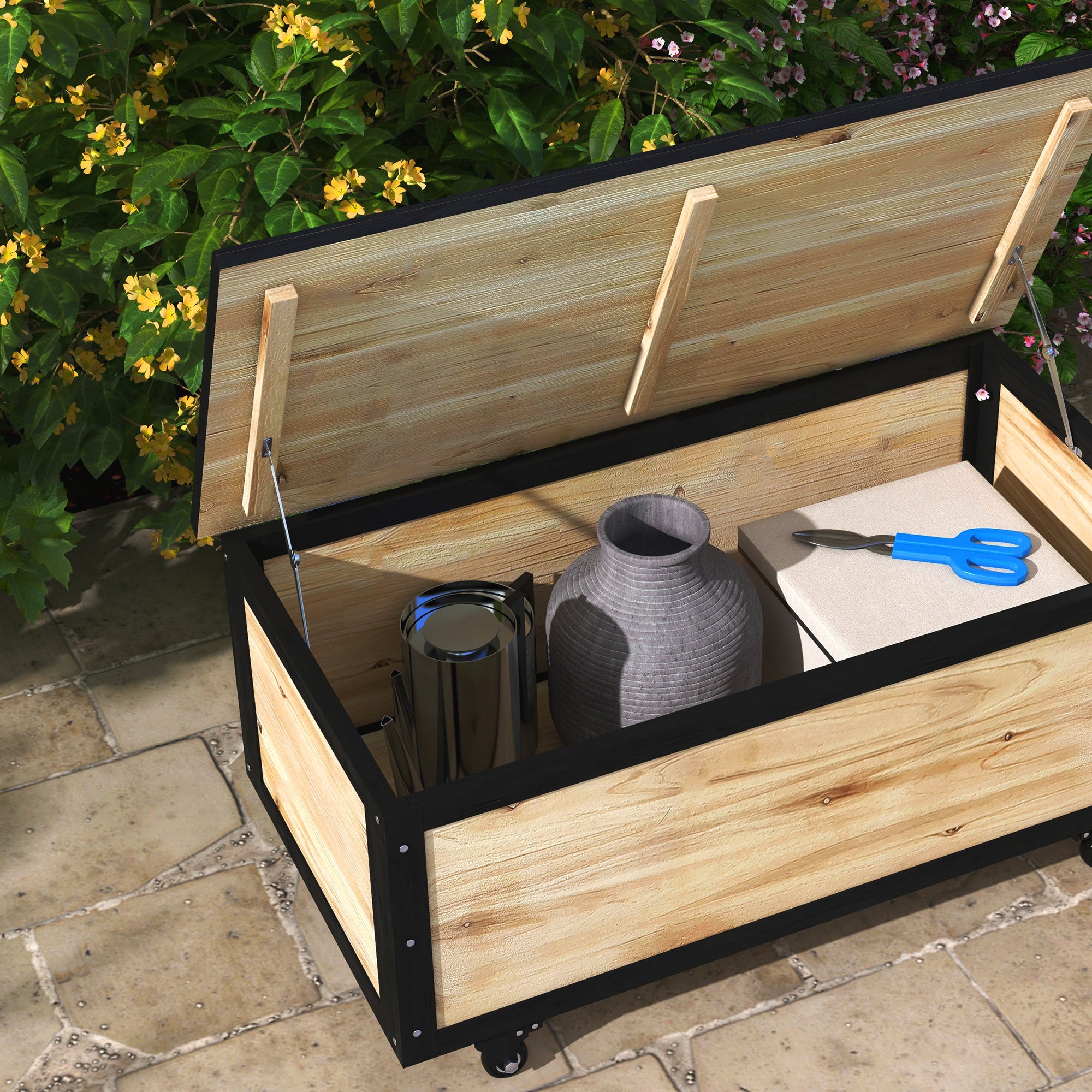 Outsunny 121L container bench with 4 wheel swallows and handles and steel, 100x50x43cm, wooden color - Borgè