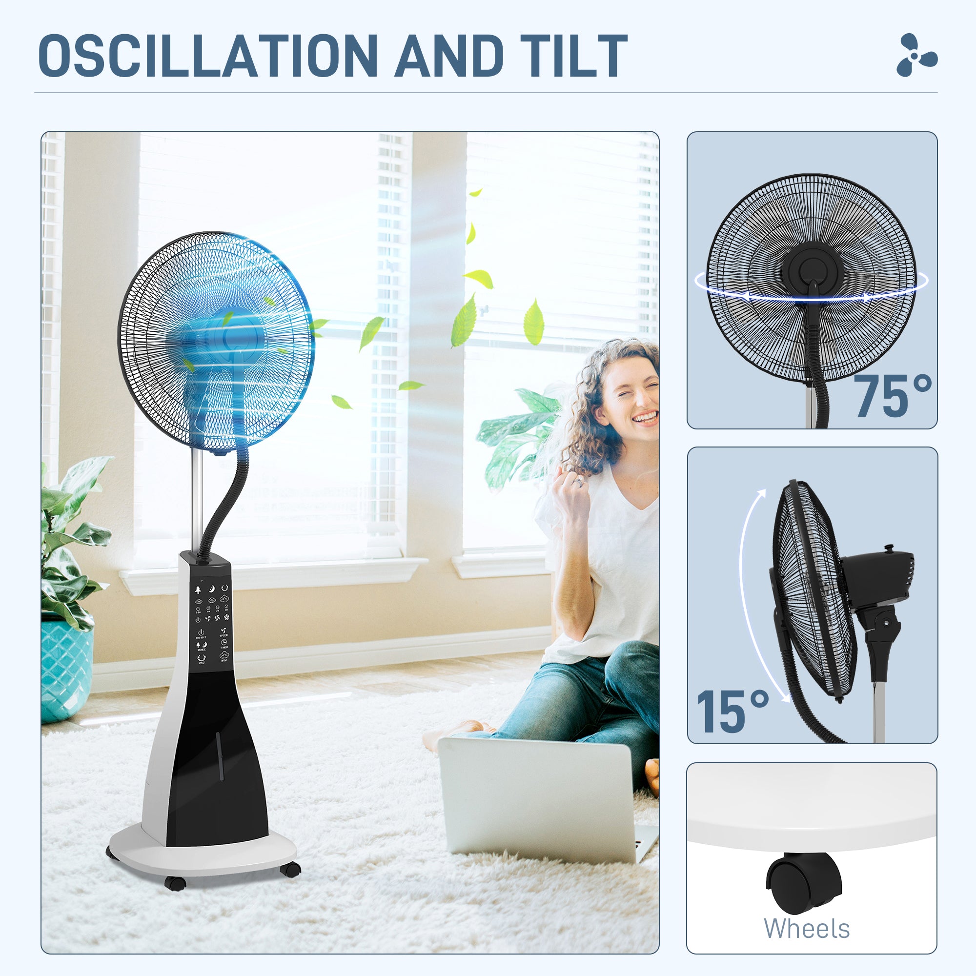 HOMCOM Nebulizer Fan with 3L Tank, 3 Modes and 3 Speeds, 44.5x38.5x120 cm, Black and White - Borgè