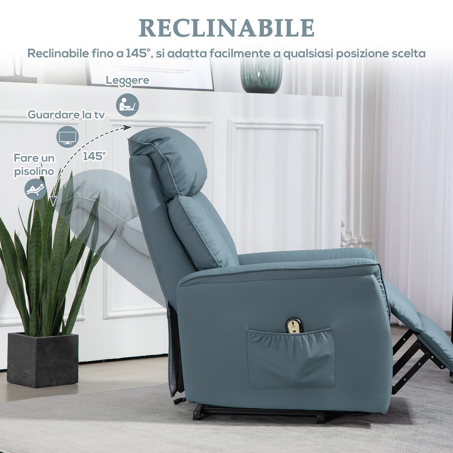 Electric Reclining Relaxation Armchair with Remote Control and Footrest, 80x94x104cm Light Blue