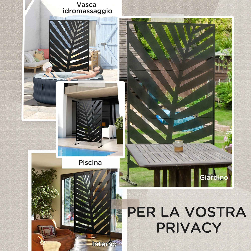 Outsunny 3-Panel Vertical Steel Room Divider with Banana Leaf Motif, 122x45x198 cm, Black