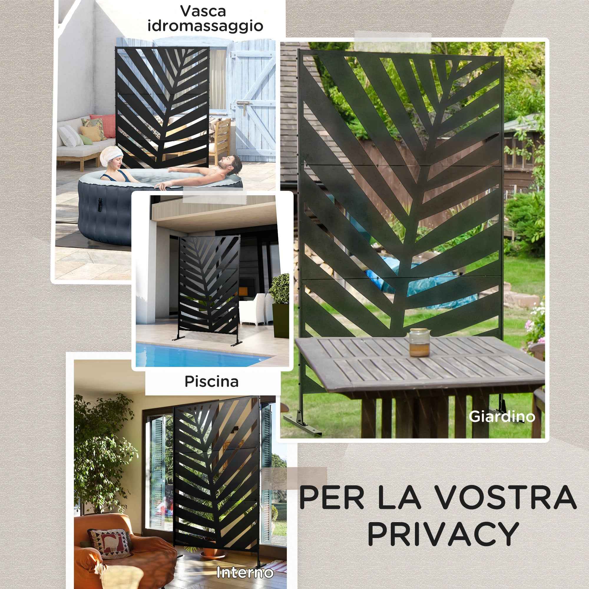 Outsunny 3-Panel Vertical Steel Room Divider with Banana Leaf Motif, 122x45x198 cm, Black
