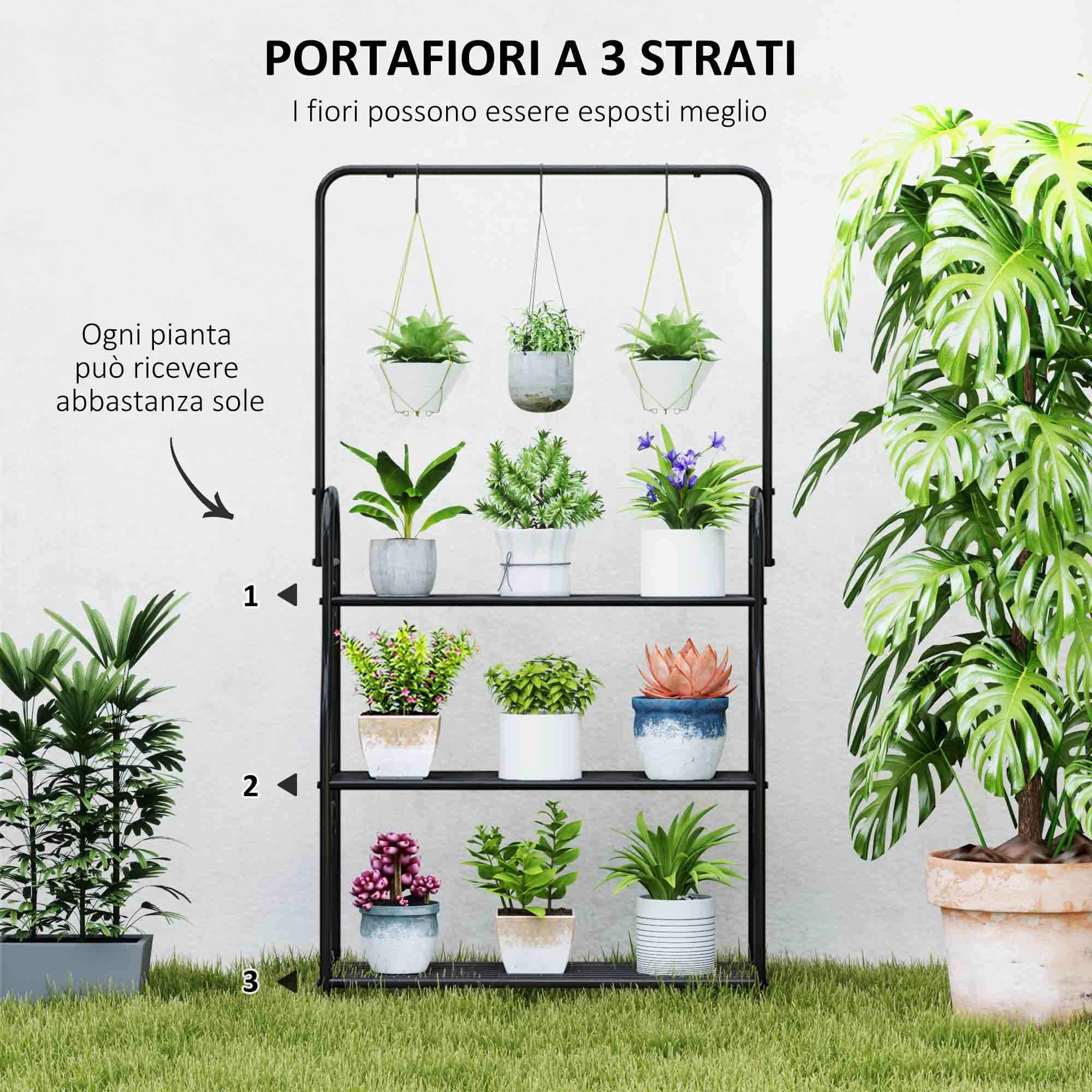 Outsunny 3-Tier Plant Stand with 3 Hooks, Metal, 162x221.5x163 cm, Black