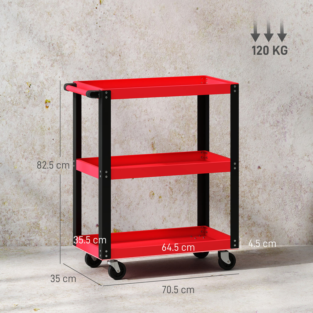 3-Tier Metal and PP Tool Cart, 70.5x35x82.5 cm, Red and Black