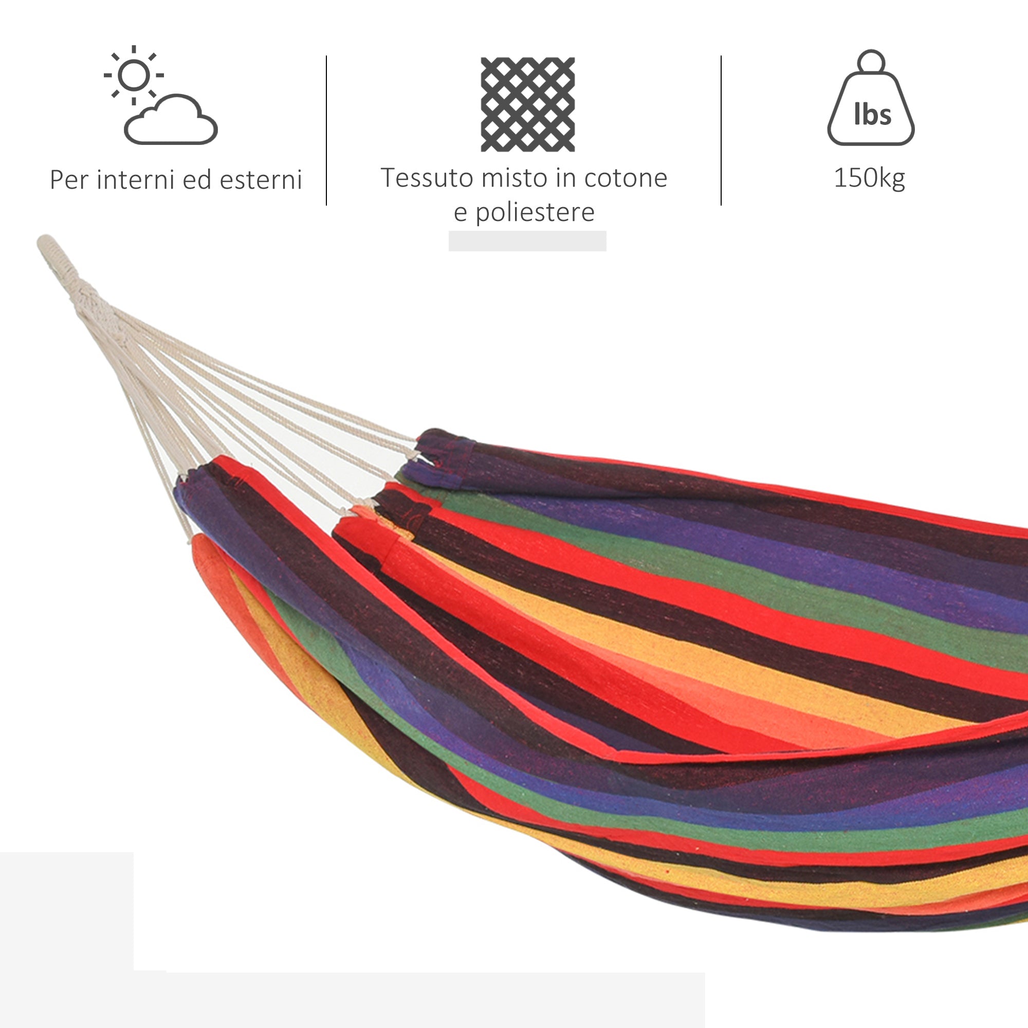 Outsunny Extra Large Cotton and Polyester Garden Hammock with Carry Bag, 200x150cm, Multicolored Stripes