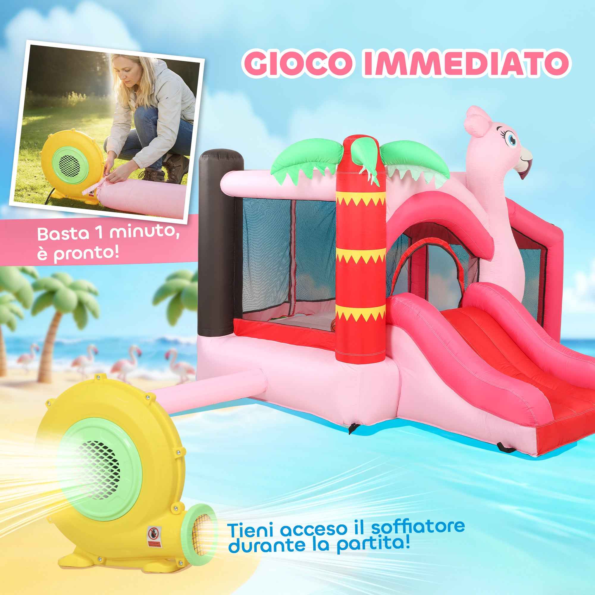 Inflatable Castle for Children with Slide, Trampoline, Ball Pit and Basketball Hoop, 255x230x196 cm, Pink