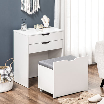 CAMELE | Bedroom dressing table with mirror, drawer and matching stool in wood, white