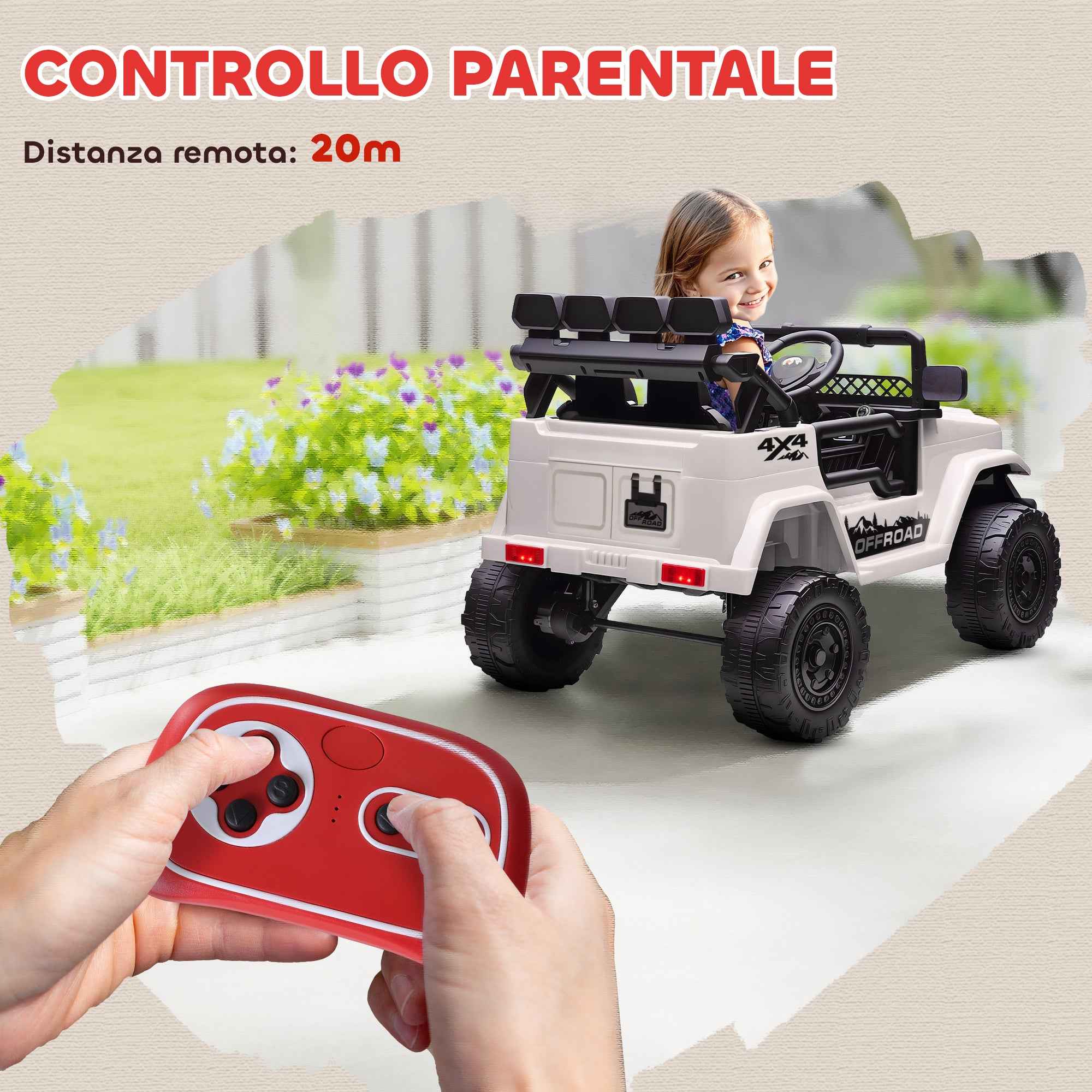 AIYAPLAY Children's Off-Road Vehicle with Lights, Horn, Belt and Remote Control, Made of PP and Metal, 99x66x68.5 cm, White