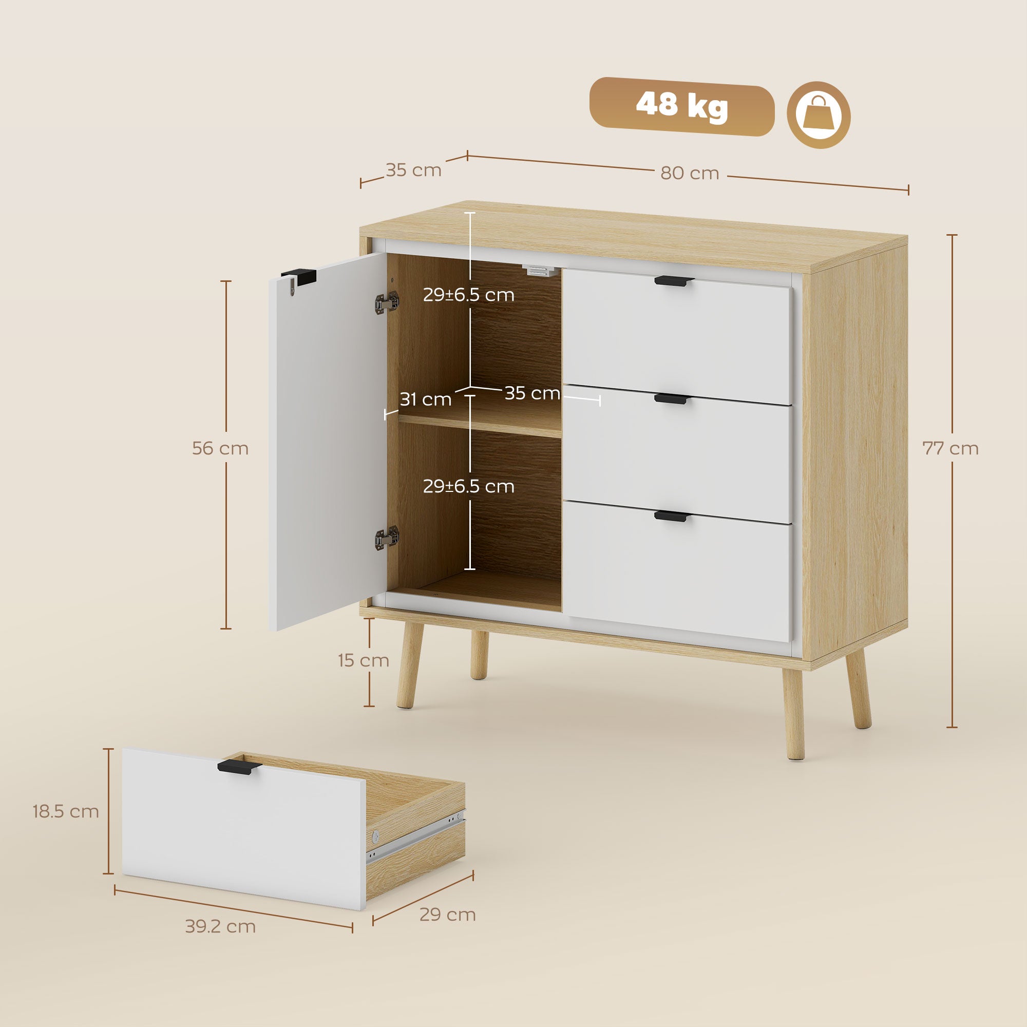 Modern Sideboard with 3 Drawers and Cabinet, Adjustable Internal Shelf and Glossy Doors, White and Oak