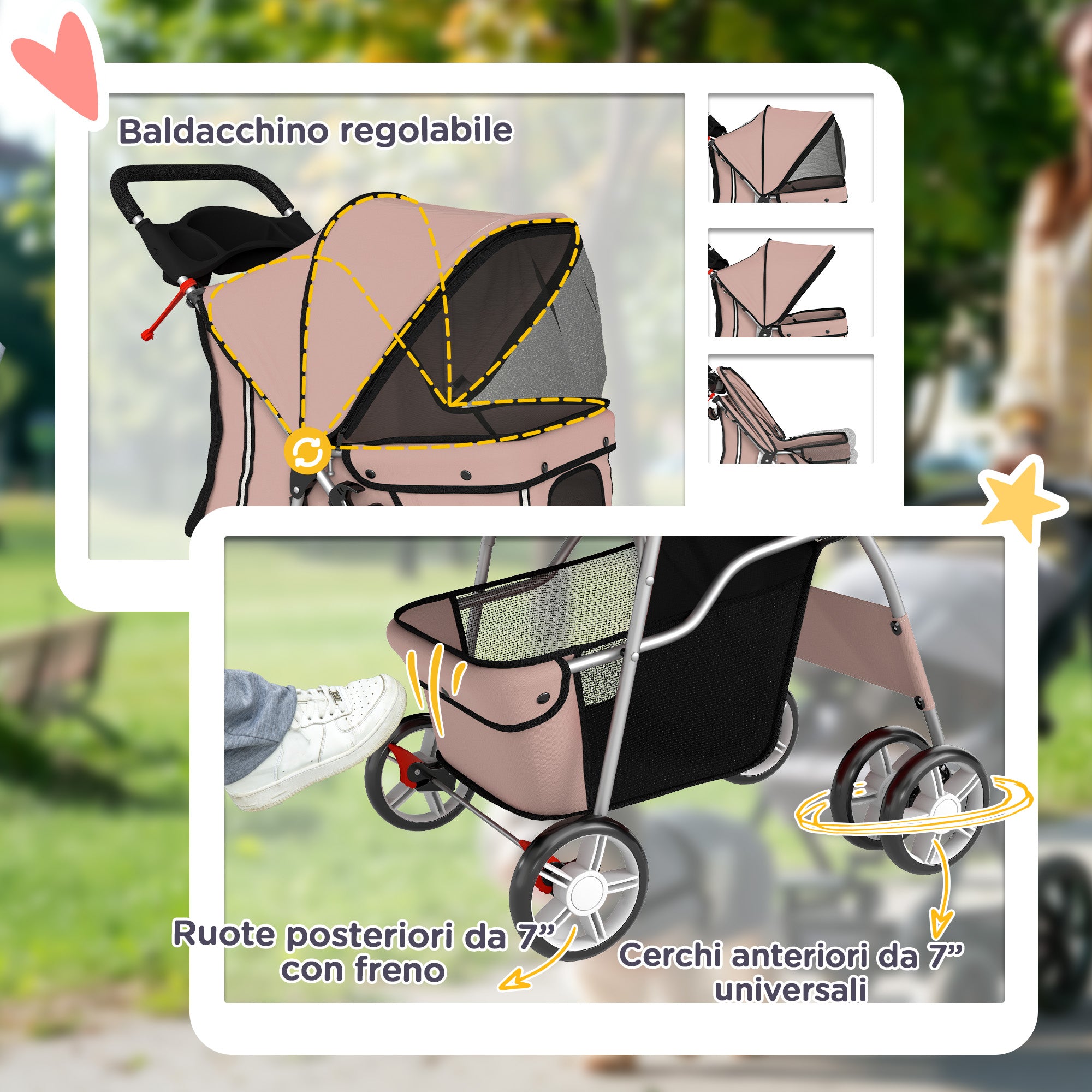 PawHut Folding Dog Stroller with Reflectors, Swivel Wheels, Brakes, and Washable Cushion, Coffee