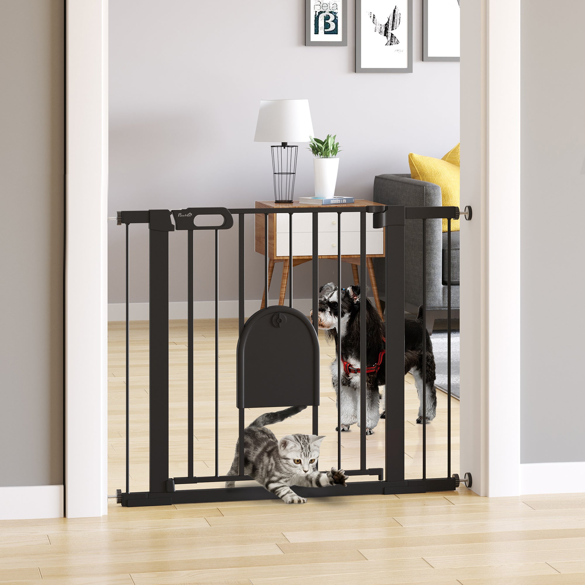 Adjustable Dog Gate with Small Door and Automatic Closure, 75-103x76cm, Black