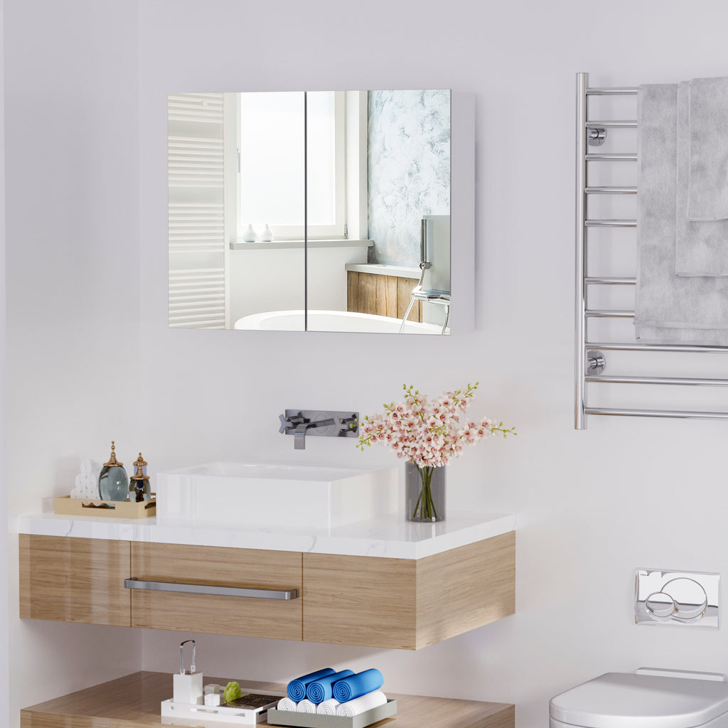 Bathroom Wall Cabinet with Mirror and 3 Shelves in White MDF 80 x 60 x 15cm