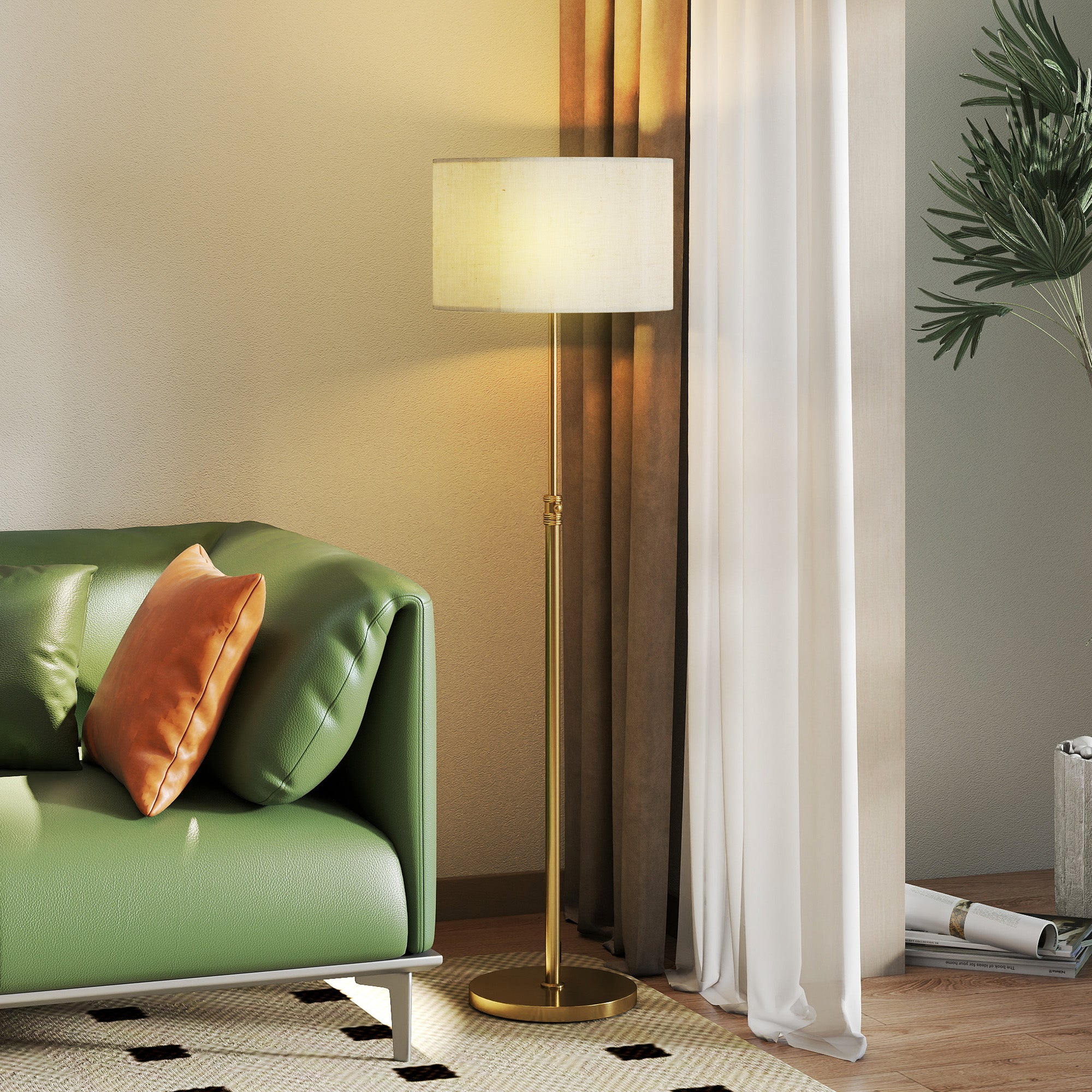 Floor Lamp with Remote Control and Adjustable Brightness 3000K-6000K, Fabric Lampshade, Gold