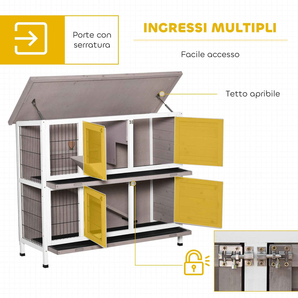 PawHut 2-Tier Wooden Rabbit Hutch with Opening Roof, Removable Feeder and Trays, 122x50x101 cm, Brown