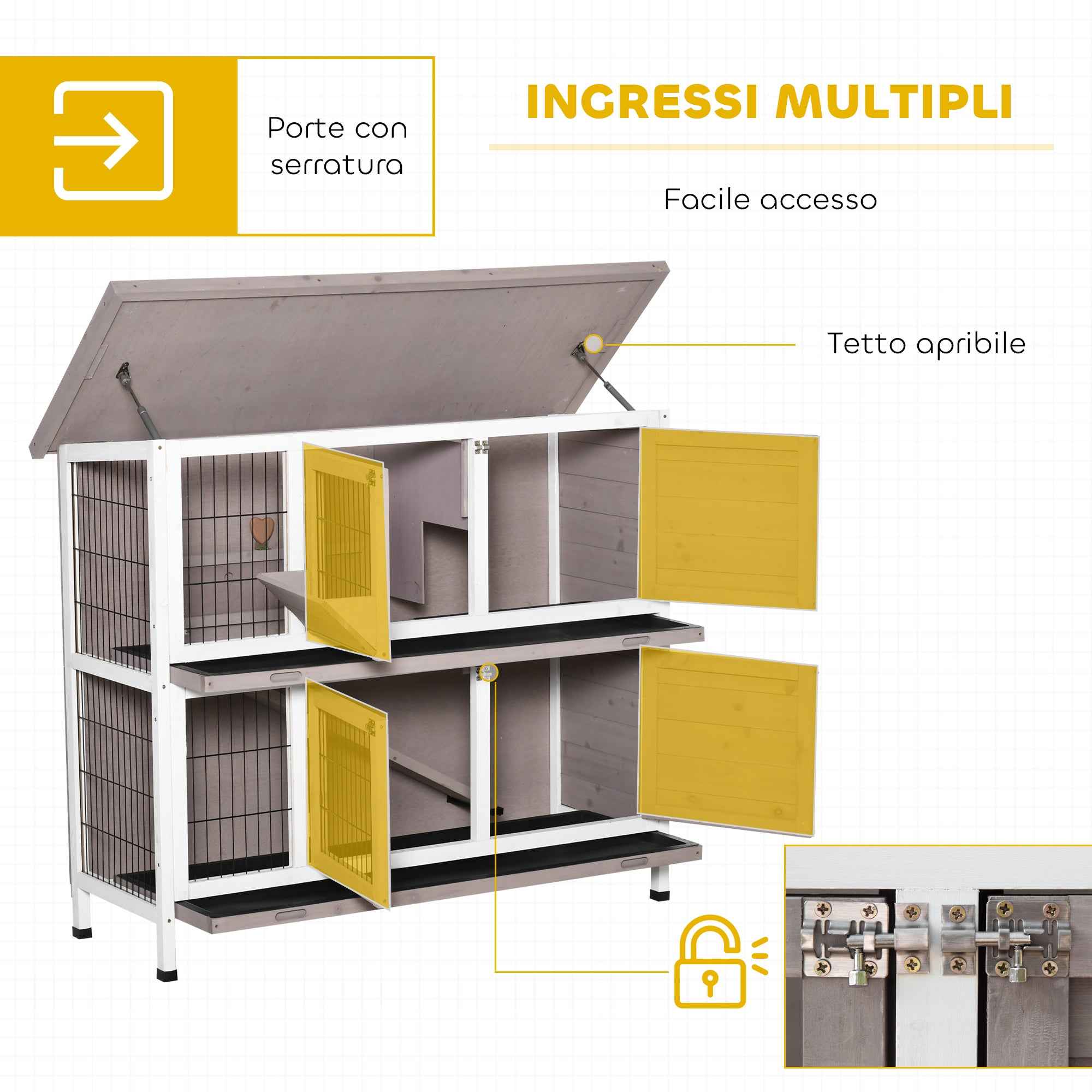 PawHut 2-Tier Wooden Rabbit Hutch with Opening Roof, Removable Feeder and Trays, 122x50x101 cm, Brown