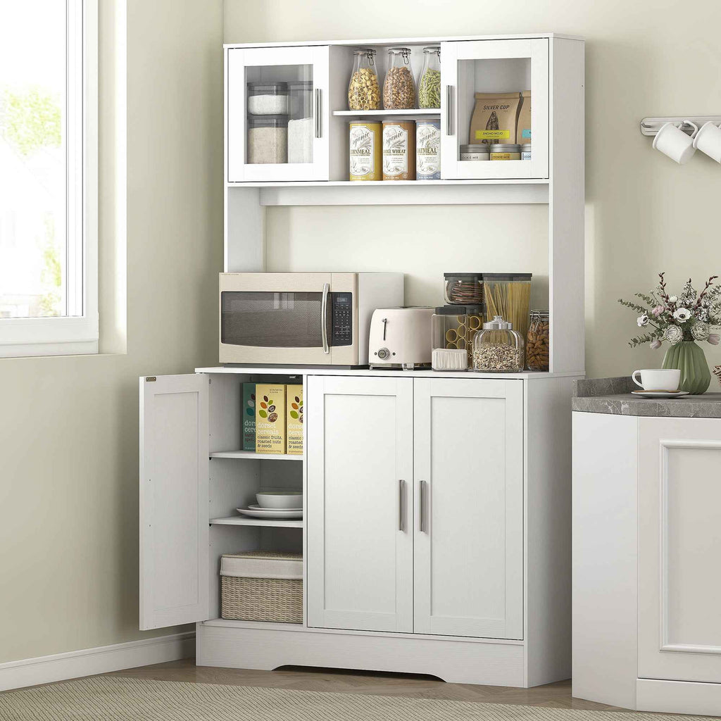 HOMCOM 4-Cup Pantry Unit with 2 Open Shelves and Worktop, Wood and Glass, 108x35x180 cm, White