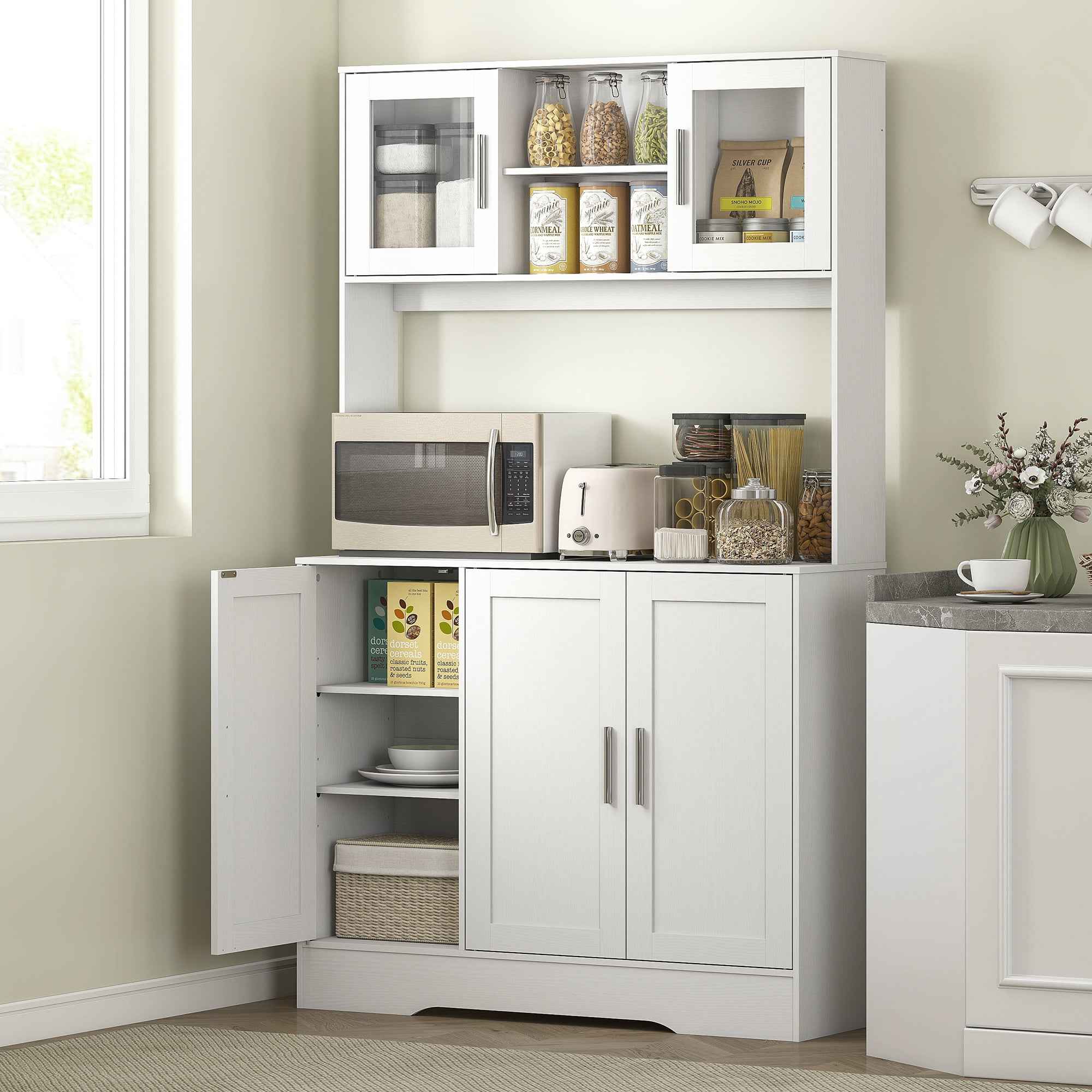 HOMCOM 4-Cup Pantry Unit with 2 Open Shelves and Worktop, Wood and Glass, 108x35x180 cm, White