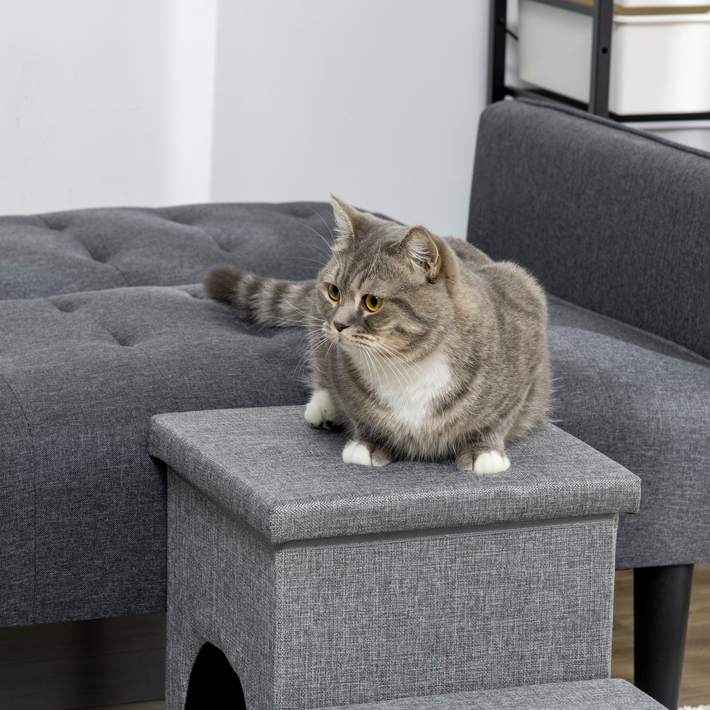 3-Step Dog and Cat Ladder 10kg max with Dog House and Storage Space, 73.5x33x40.5 cm, Grey