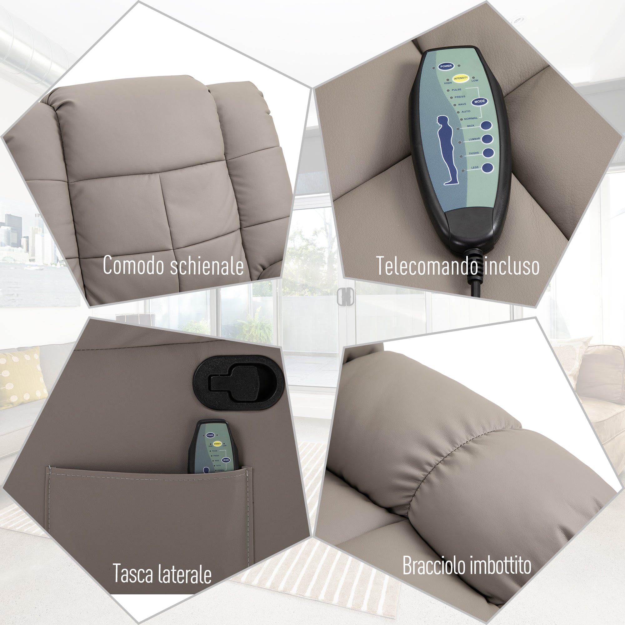 Relax Armchair with 8 Massage Points and 165° Reclining in Faux Leather, Gray - Borgè