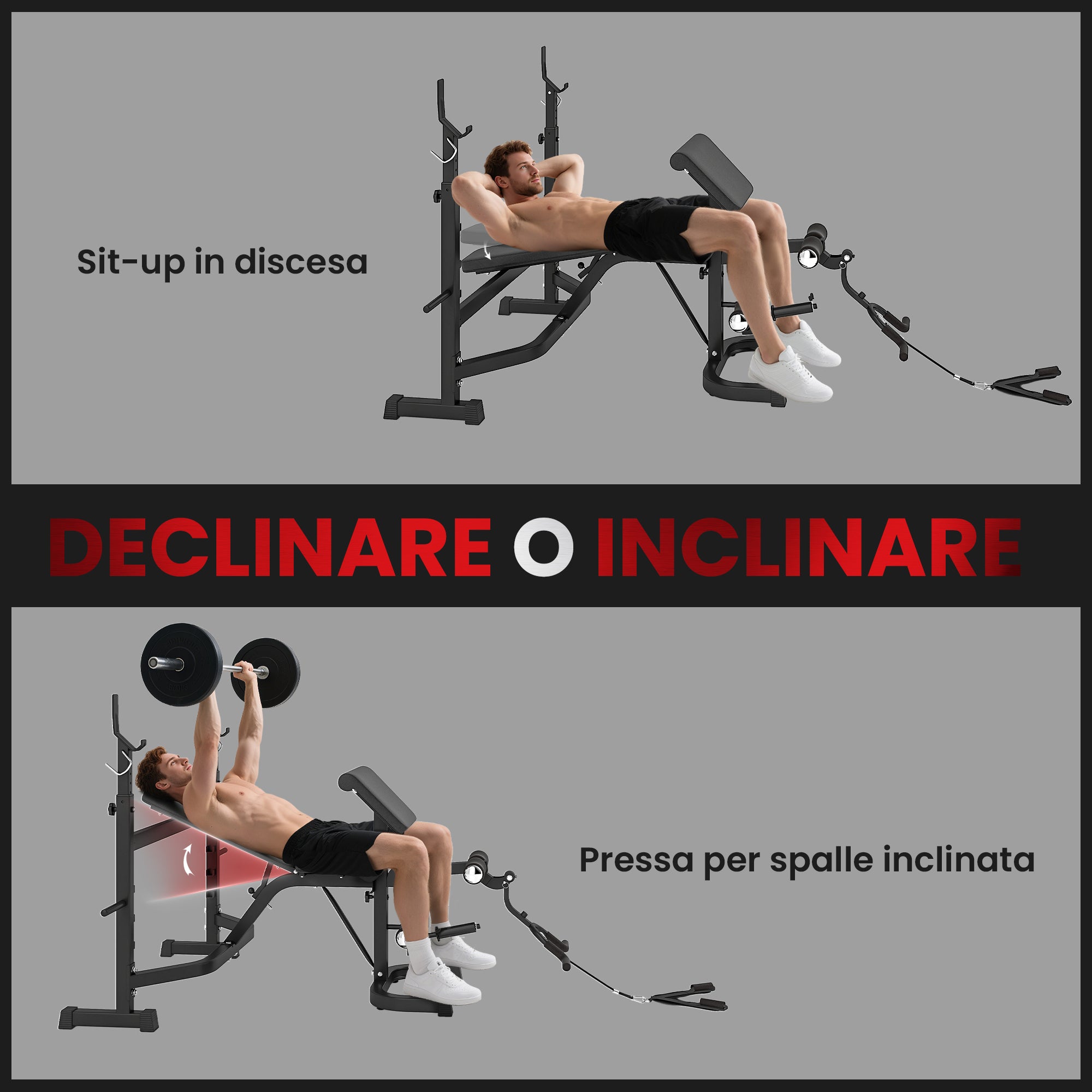 HOMCOM Adjustable Multifunctional Weight Bench with Barbell Rack, Steel and PU, 73.5x55x46-53.5 cm, Grey and Black
