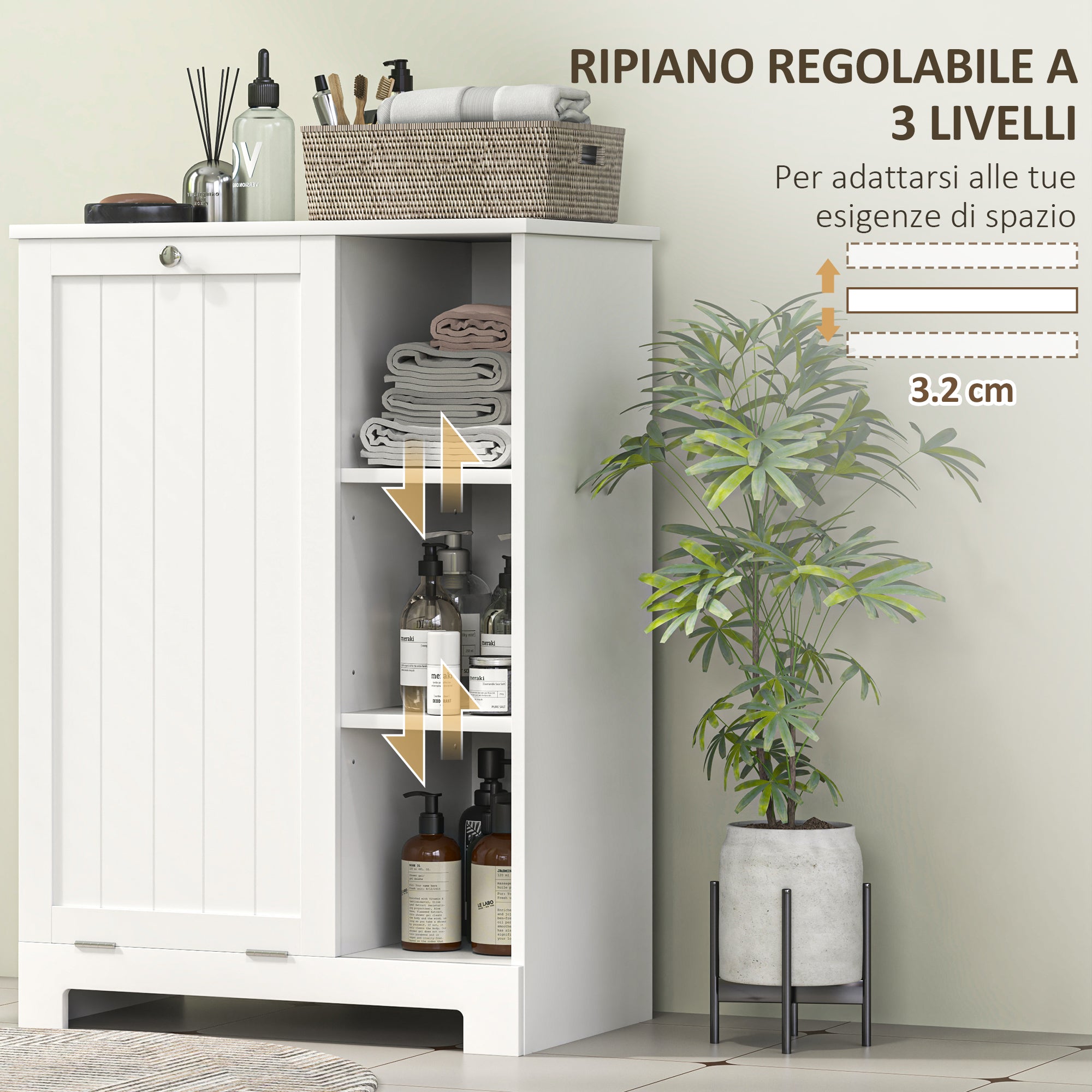 Bathroom Laundry Cabinet with Removable Basket and Adjustable Shelves, 60x38x86 cm, White