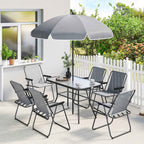 Outsunny 8-Piece Garden Set with Umbrella, 6 Folding Chairs and Tempered Glass Outdoor Table, Grey
