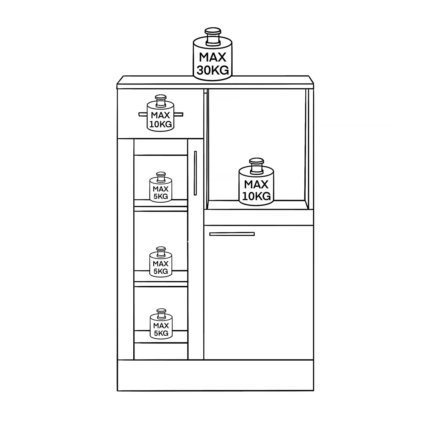 Modern Sideboard with Cabinets and Drawer in Wood and Glass, 60x40x95cm, White