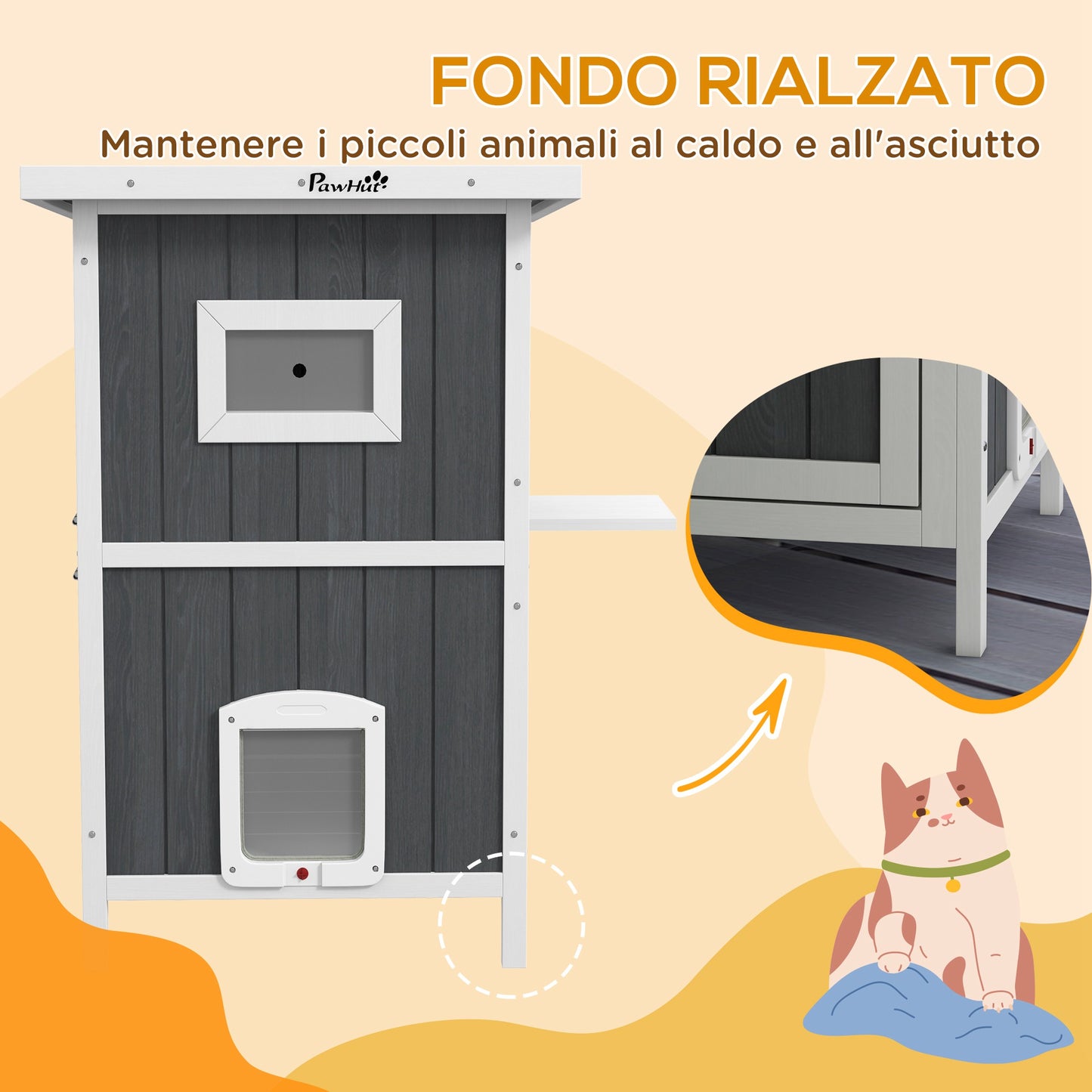 2-Tier Outdoor Wooden Cat Kennel with Asphalt Roof and 4 Doors, 60x60x90.5cm, Gray