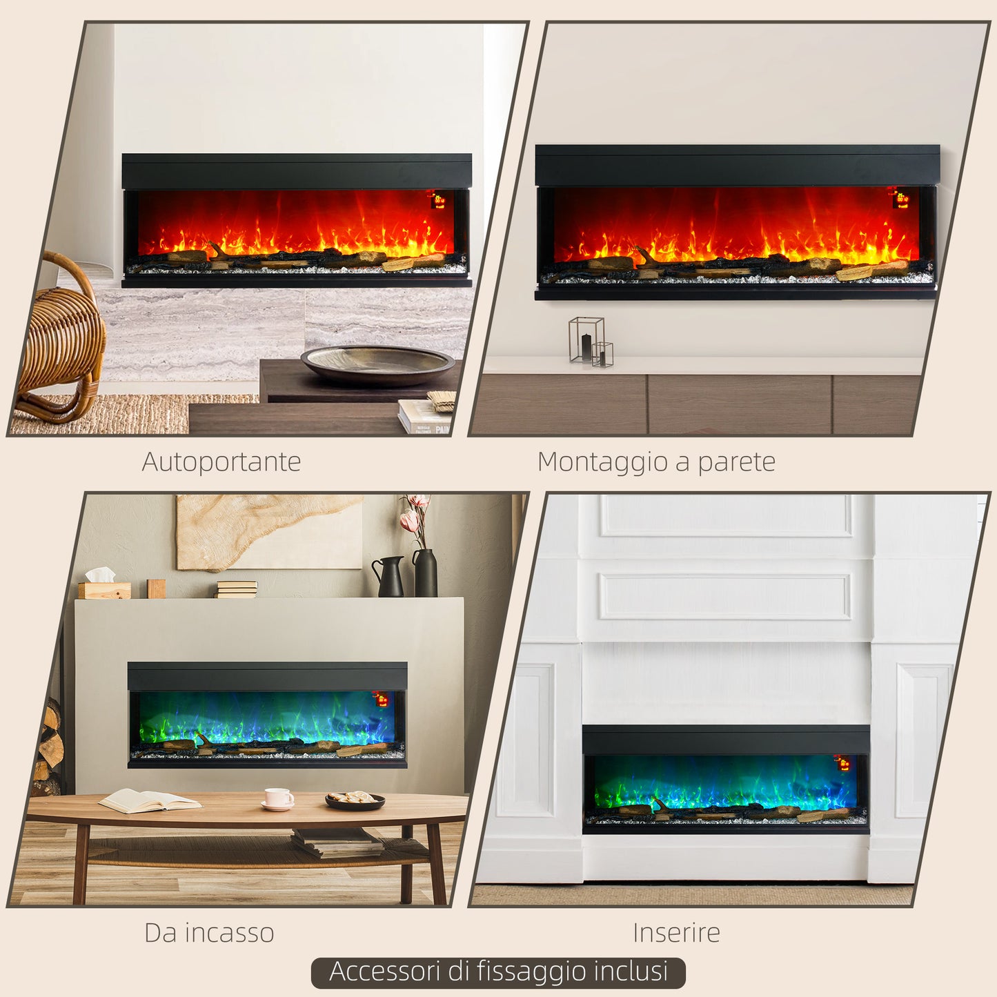 Built-in and Wall Electric Fireplace 1800W with Adjustable LED Colored Flames, Temperature up to 40°C, Black