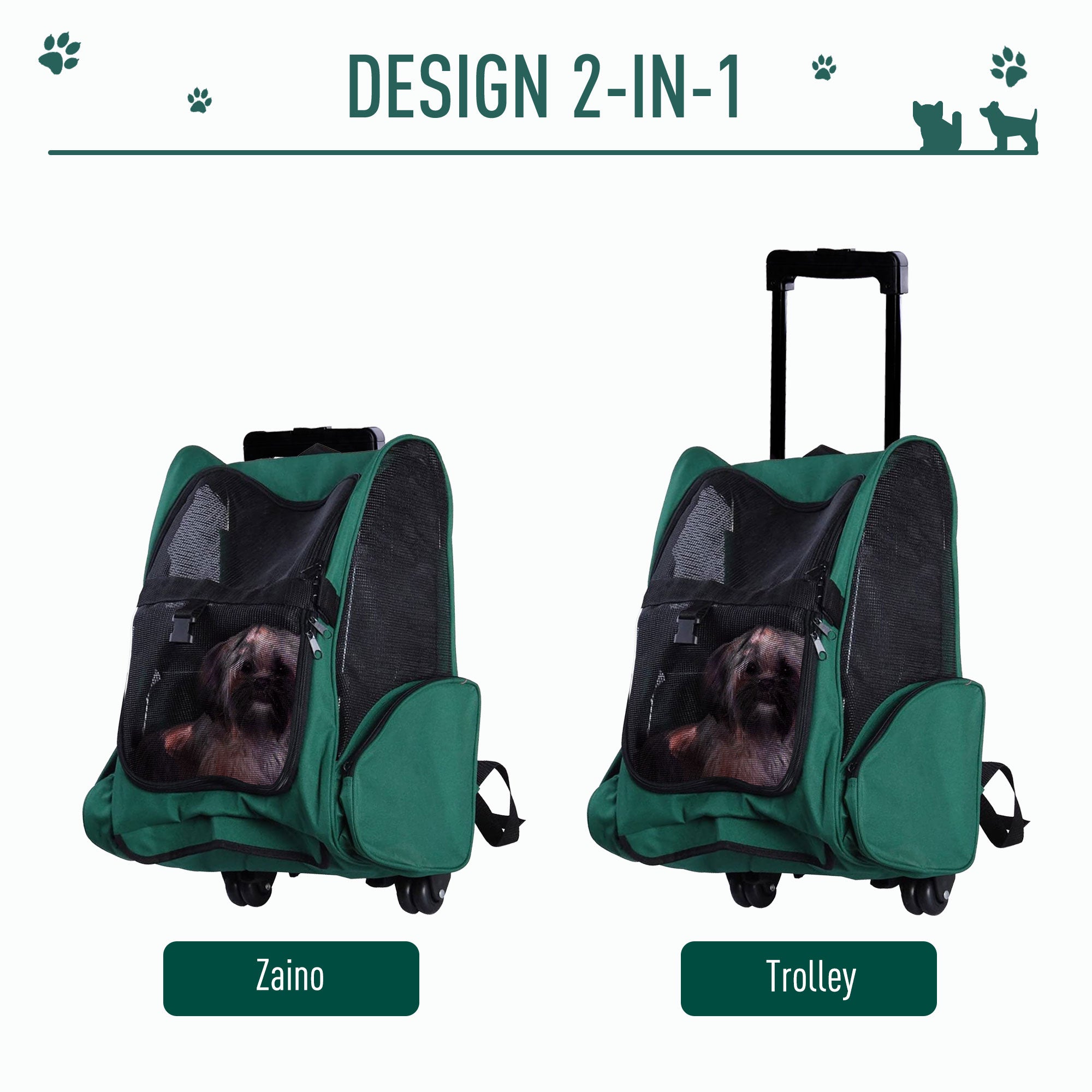 2-in-1 Pet Carrier Backpack for Dogs and Cats with Side Pockets, Telescopic Handle and Wheels, 42x25x55cm, Green