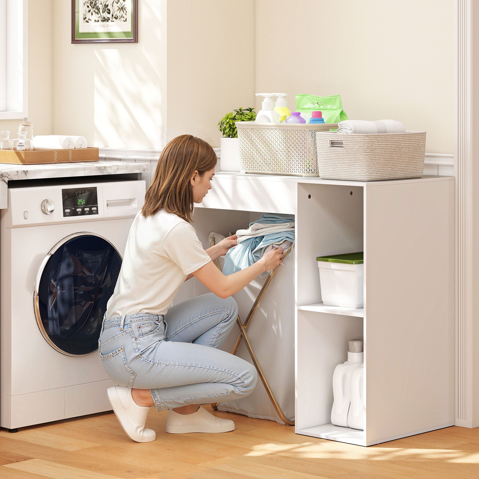 Freestanding Washing Machine Cabinet with 2 Open Shelves, 96x60x95 cm, White